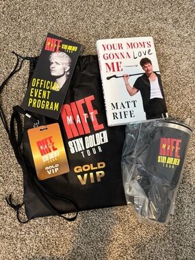 Matt Rife Stay Golden Tour Gold VIP Black Drawstring Tote with Tumbler and Book